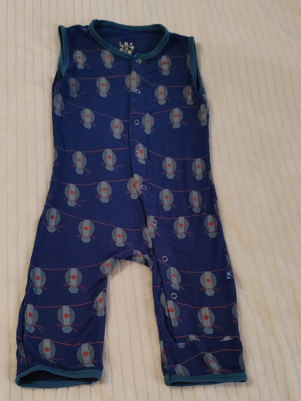 Kickee Pants Navy Bamboo Romper with Teal Trim and Yellow Logo